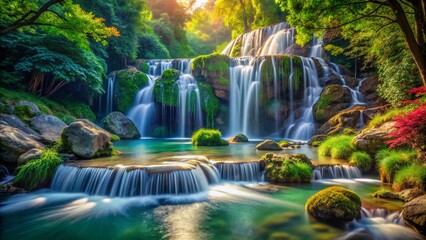 Obraz premium Serene Waterfall in Lush Mountain Landscape: Fashion Photography Backdrop