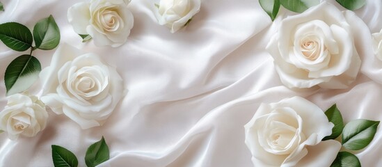 Elegant bridal flatlay featuring white rose flowers and silk fabric with a blank greeting card for wedding invitation design inspiration