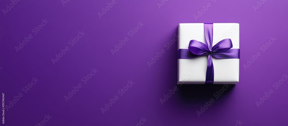 Poster Elegant white gift box with a purple ribbon on a lilac backdrop featuring ample copy space for text and design elements.