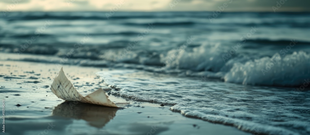 Poster message in a bottle washed away by ocean waves on serene beach at twilight