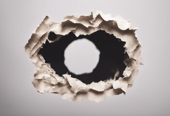 Ragged hole torn in ripped paper isolated on white background