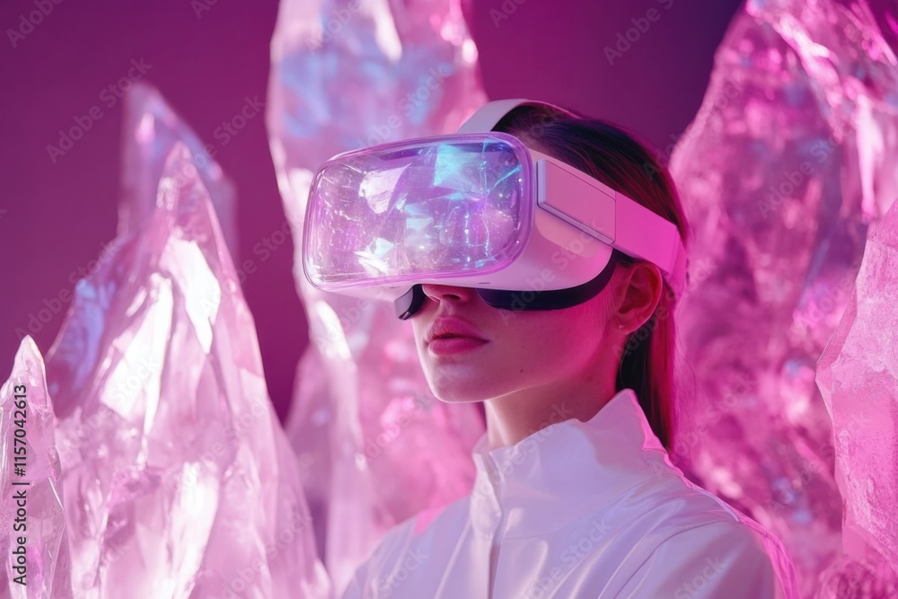 Poster exploring a digital realm with virtual reality gear surrounded by glowing crystals in a futuristic s