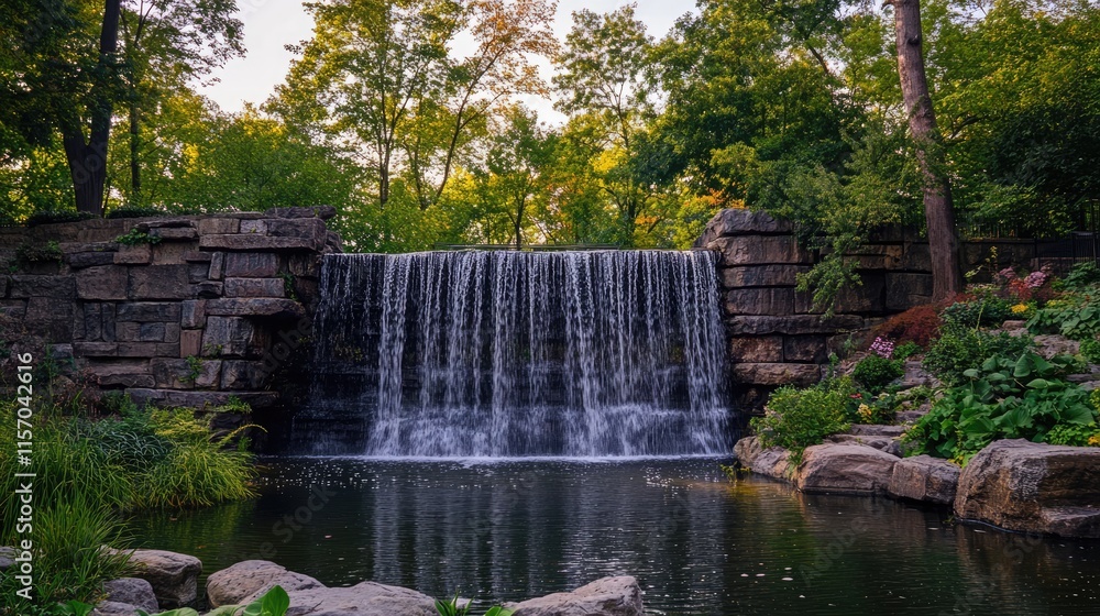 Aufkleber Serene waterfall cascade surrounded by lush greenery in a tranquil park setting creating a peaceful natural retreat for relaxation and reflection
