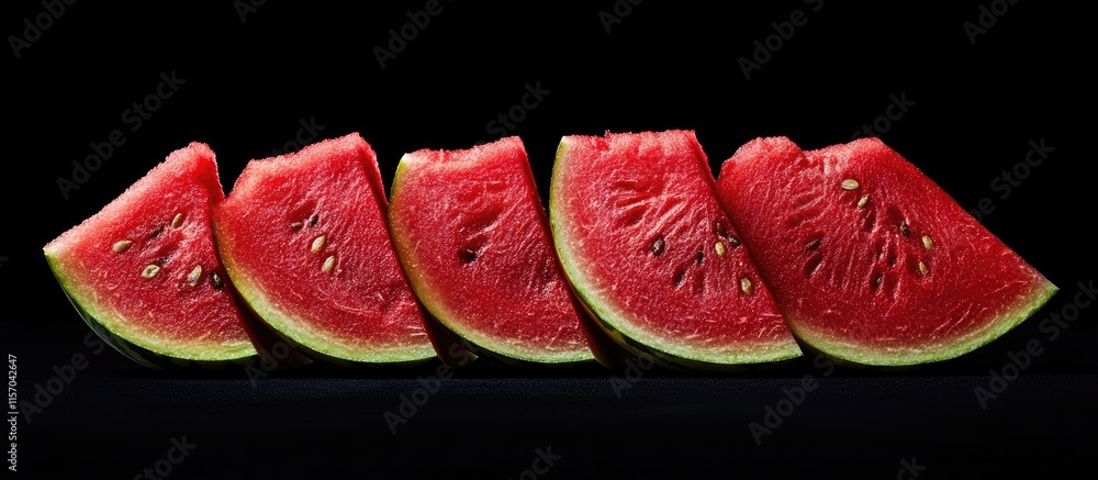 Poster freshly sliced watermelon pieces on a dark background showcasing vibrant red hues and distinct textu