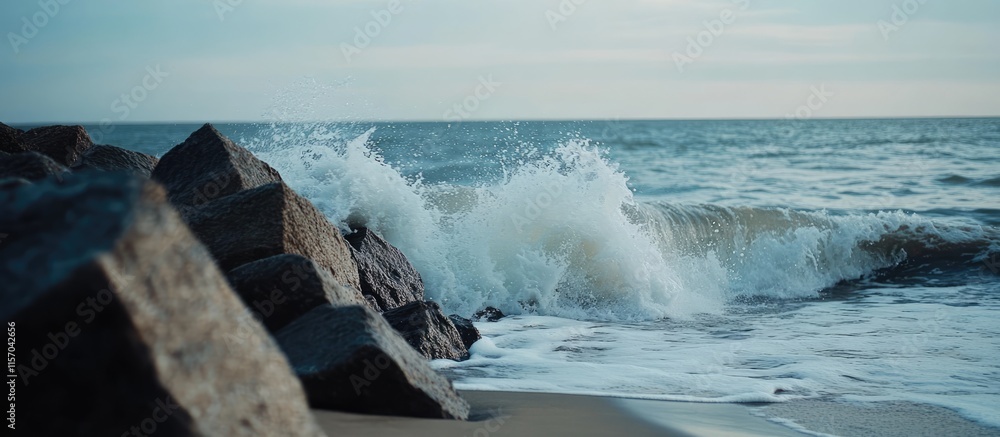 Poster waves crashing against rocky shoreline at beach during calm evening with soft light creating a seren