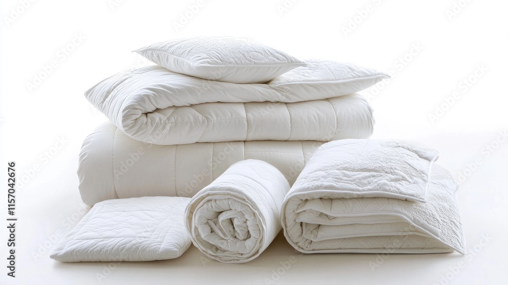 Aufkleber worn white blankets and pillows stacked neatly showcasing their aged texture and softness ideal for 