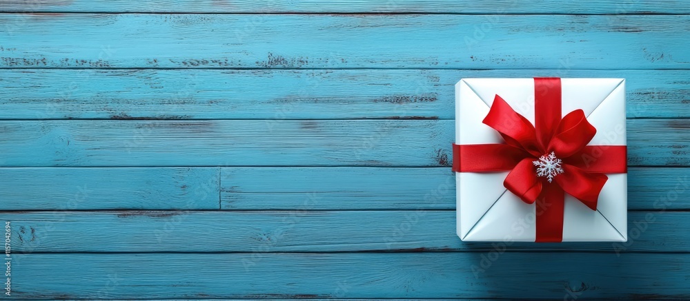 Poster white gift box with red ribbon on blue wooden background overhead view with space for text and holid