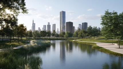 Modern skyline reflecting in serene water