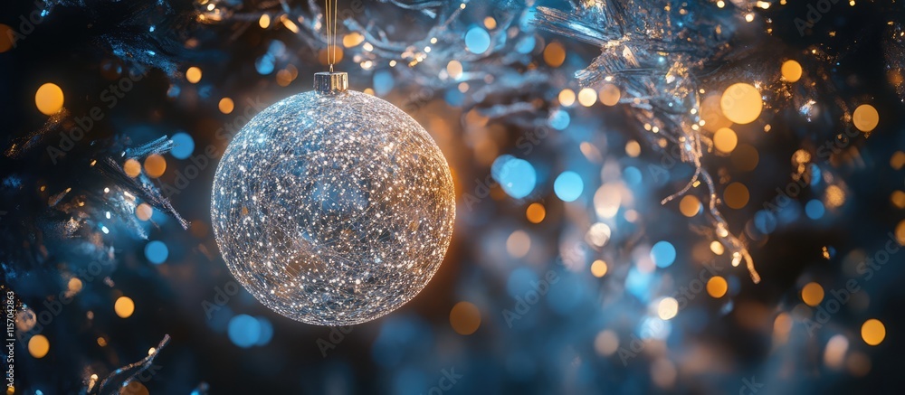 Aufkleber elegant white ornament hanging from a tree illuminated by shimmering blue and gold lights creating a