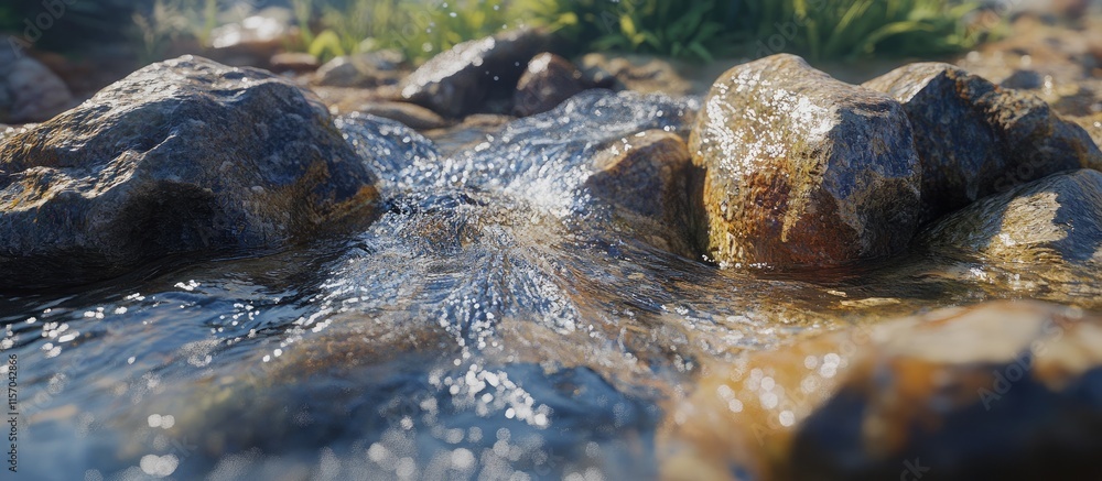 Poster tranquil stream water cascading over smooth rocks surrounded by vibrant greenery in a serene natural