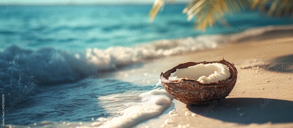 Poster serene beach scene with gentle waves and a coconut shell resting on the sandy shore under a clear bl
