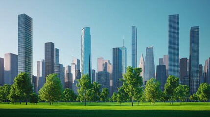 Fototapeta premium Modern skyline with lush green park foreground.