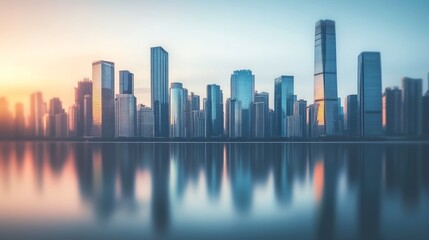 Obraz premium Modern skyline with reflections at sunset.