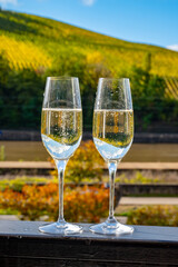 Tasting sparkling white wine, traditional champagne method making of cremant in caves on Moselle river valley in Luxembourg, glasses of wine and view on terraced vineyards