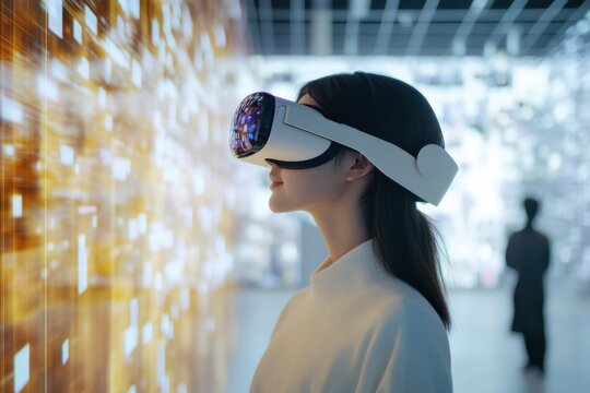 Exploring virtual reality in a modern exhibition space with immersive digital displays