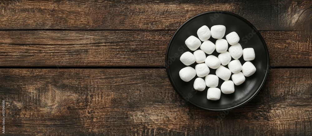 Poster Mini white marshmallows on a black plate set against a rustic wooden background with ample space for text or branding in a creative presentation