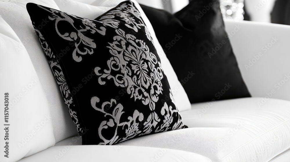Poster Elegant black and white cushions on a white sofa showcasing intricate patterns and textures in a stylish contemporary setting