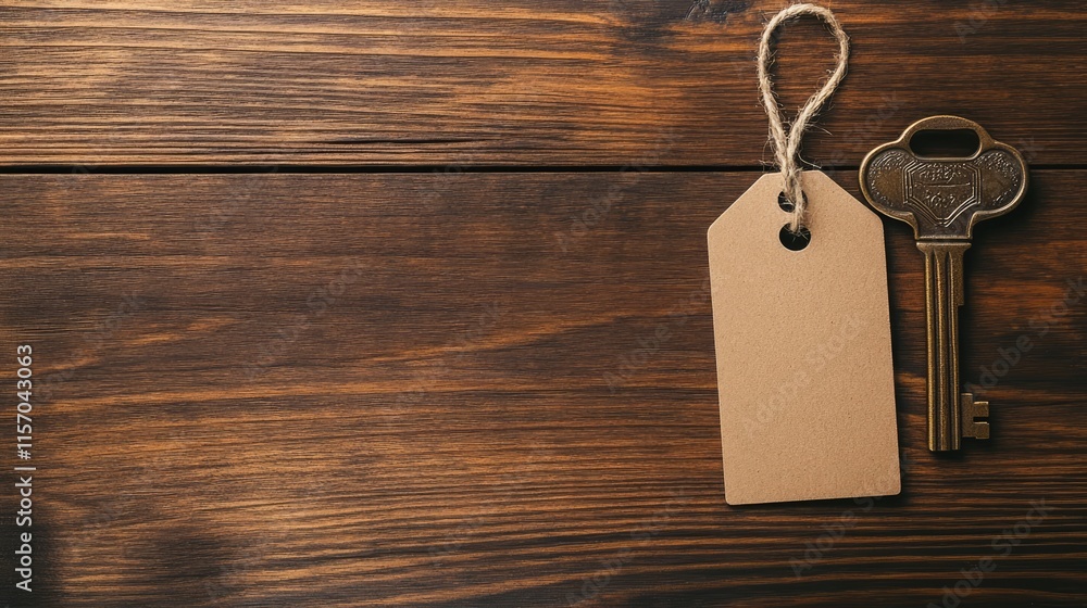 Poster Vintage brass key and blank tag on rustic wooden table with ample space for personalized text or creative design elements