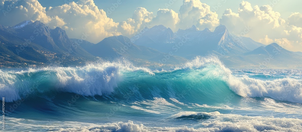 Poster serene ocean waves crashing onto the shore with majestic mountains under a cloudy sky in the backgro