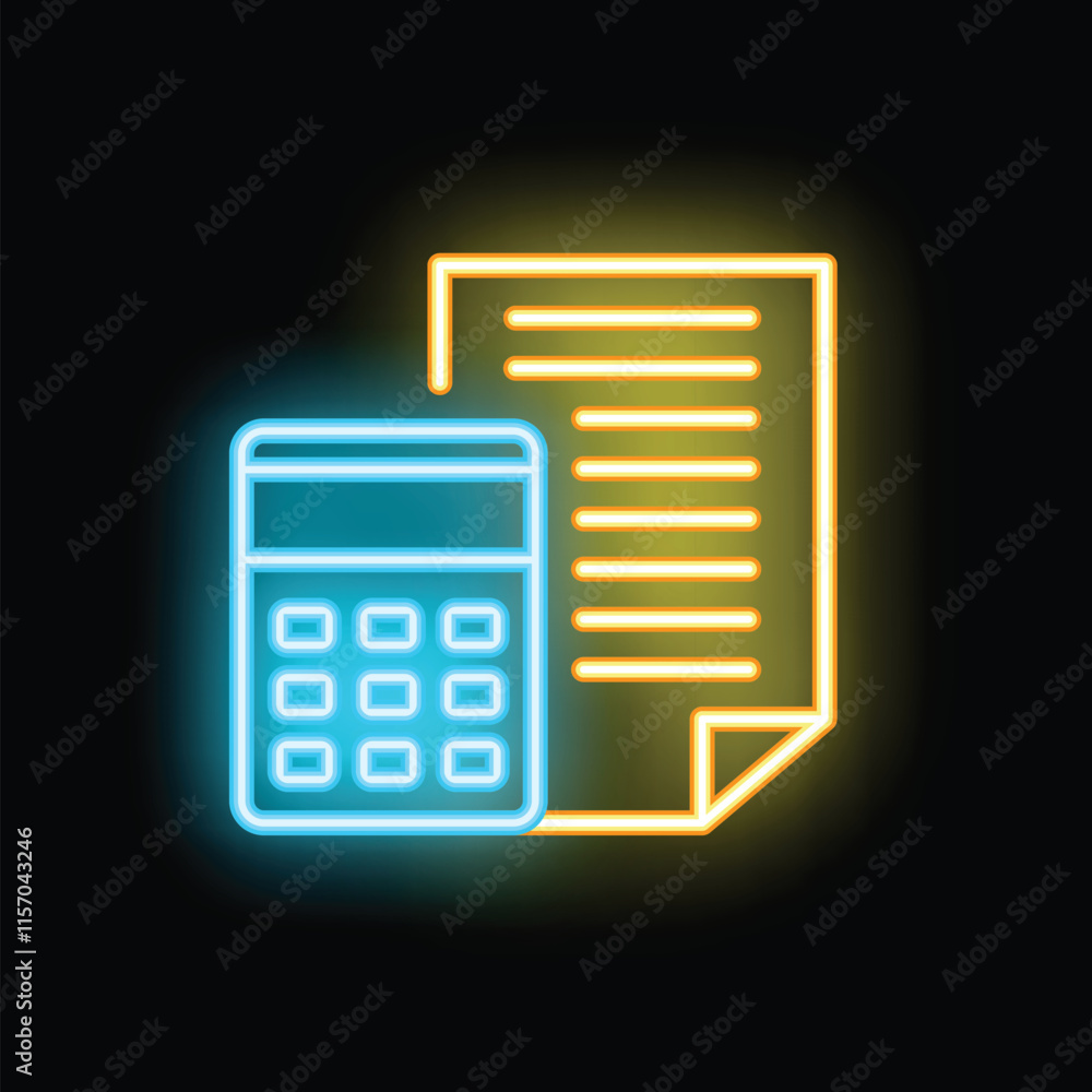 Poster glowing neon calculator showing financial report with file icon on a black background