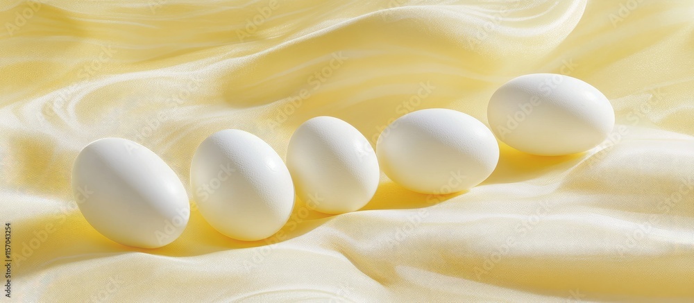 Poster White eggs arranged in a line on a soft yellow satin backdrop showcasing simplicity and elegance in food photography