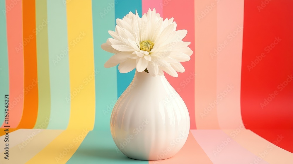 Poster white vase with a white flower against a vibrant multicolor abstract striped background showcasing h