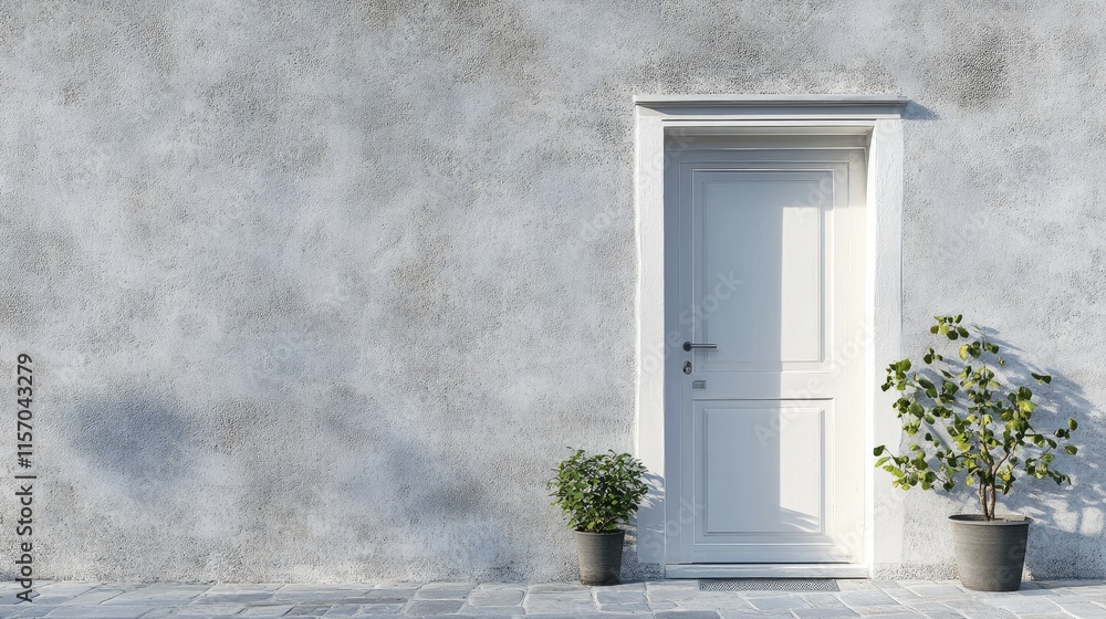 Poster minimalist white door against a textured grey wall with potted plants creating a serene and inviting