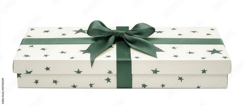 Poster elegant white gift box adorned with green star patterns and a matching ribbon bow isolated on a clea