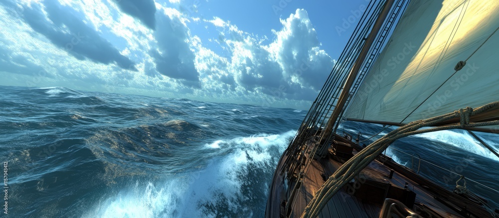 Poster Sailing through the ocean with waves and clouds creating a dynamic maritime scene