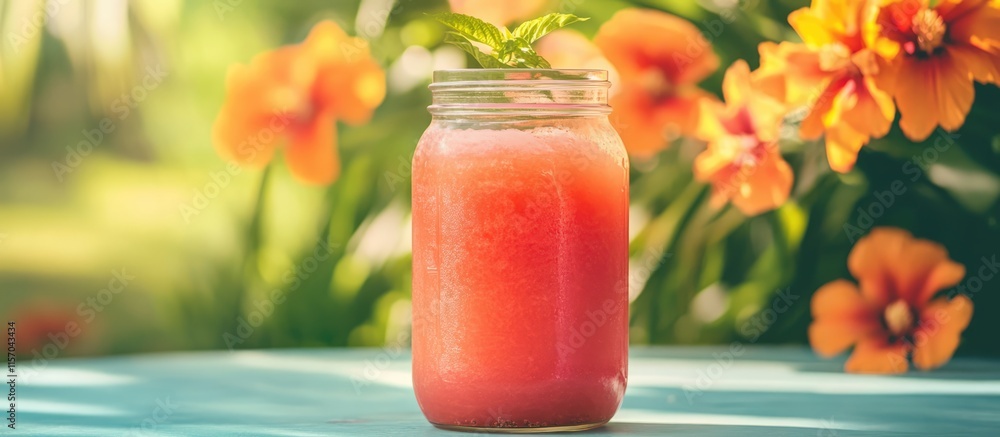 Poster watermelon juice in a jar on a blue tablecloth with vibrant orange flowers creating a refreshing tro