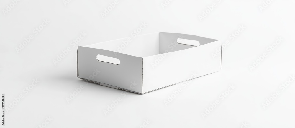 Poster white rectangular paper crate box with handles on plain background for versatile packaging and organ