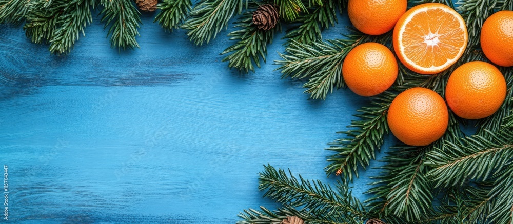 Poster flat lay composition of mandarins and green fir branches on azure wood background with space for tex