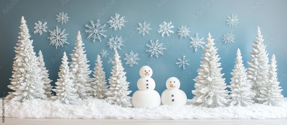 Poster white evergreen trees and snowmen surrounded by snow with a blue snowflake backdrop creating a festi