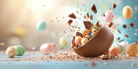 A colorful Easter explosion occurs as a chocolate egg cracks open, unveiling candyfilled eggs and pastel treats, creating a festive atmosphere that embodies celebration and togetherness