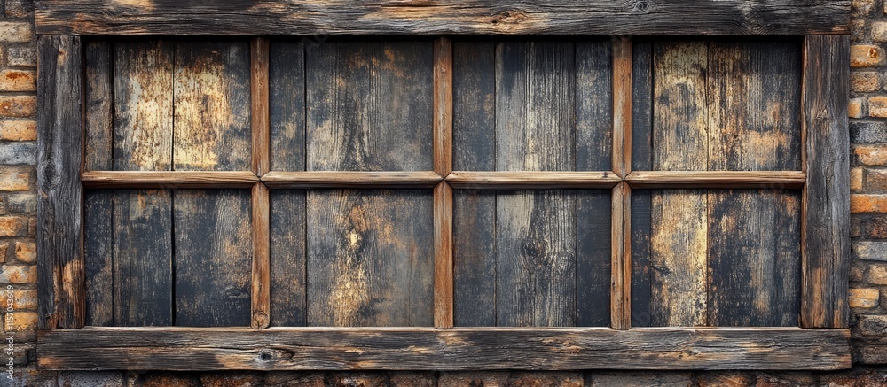 Poster weathered wooden window frame with rustic brick wall background ideal for vintage decor and textures