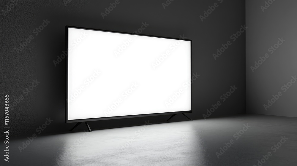 Fototapete Empty white TV screen in minimalist setting illuminated against dark background showcasing modern design and digital display potential.