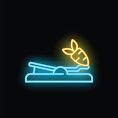 Glowing neon line carrot and mouse trap icon isolated on a black background. Concept for temptation and motivation, a bait for an animal