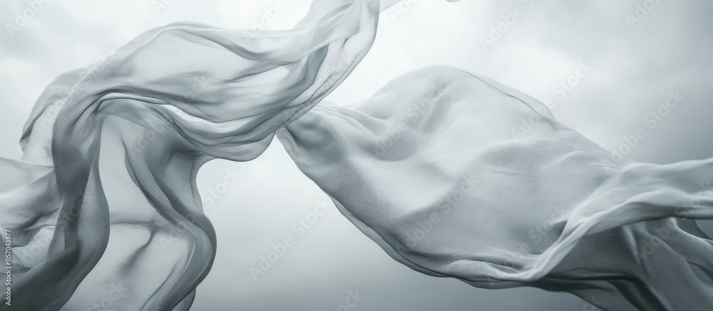 Poster Flowing sheer fabric captured against a dramatic grey sky creating a serene and atmospheric backdrop for design and artistic concepts