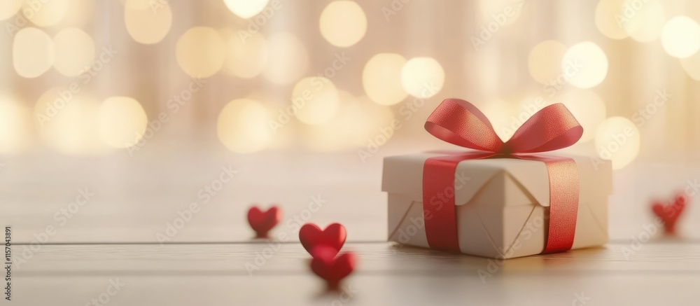 Poster Gift box with red bow and hearts on wooden surface with golden bokeh lights creating a festive and romantic atmosphere for celebrations