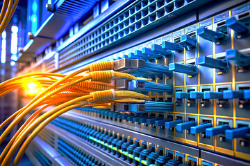 Fiber Optic cables connected to an optic ports in data center