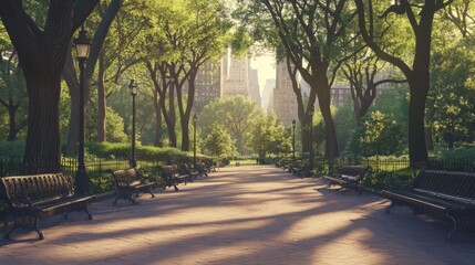 Obraz premium Peaceful park path lined with trees and benches.