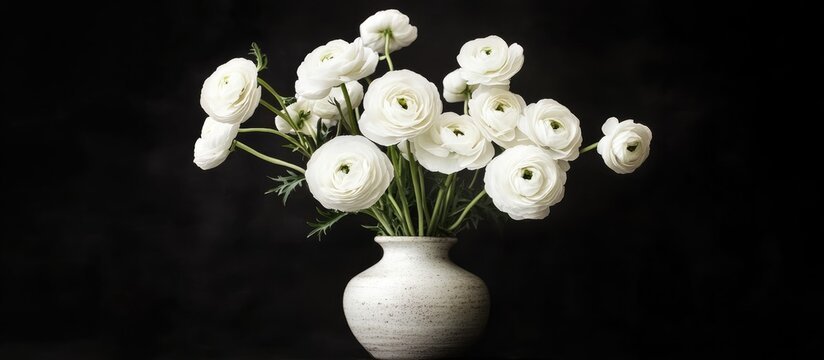 Elegant white ranunculus flowers in a ceramic vase set against a dramatic black background showcasing timeless beauty and sophistication. - Powered by Adobe