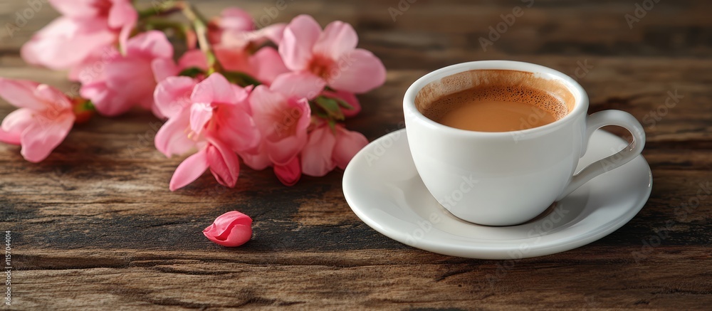 Poster elegant espresso cup beside soft pink flowers on a rustic wooden table creating a serene and invitin