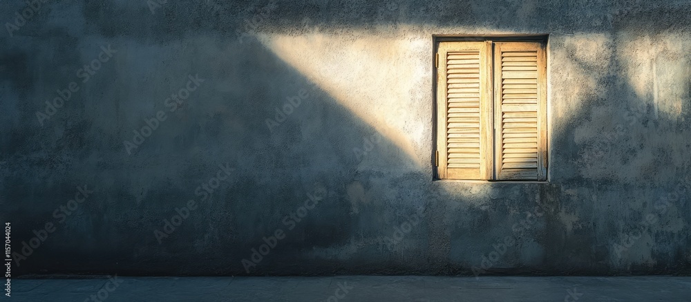 Poster vintage window shutter bathed in sunlight on textured concrete wall ideal for architectural design i