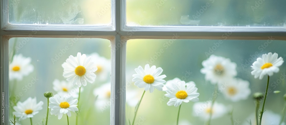 Poster chamomile flowers gently framed by a sunlit window creating a serene and fresh atmosphere for nature
