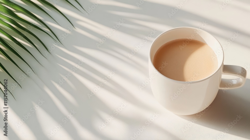 Poster elegant white coffee cup on a light surface with soft shadows and lush green palm leaves creating a 