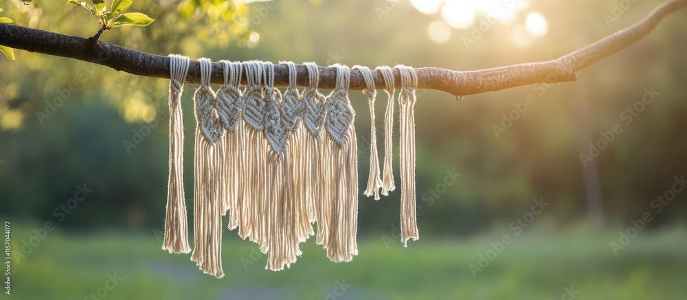 Poster macrame creation with natural cord displayed on a rustic branch in a serene outdoor setting highligh