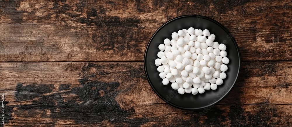 Poster Mini marshmallows beautifully arranged on a black plate against a rustic wooden background with ample space for text and design elements.