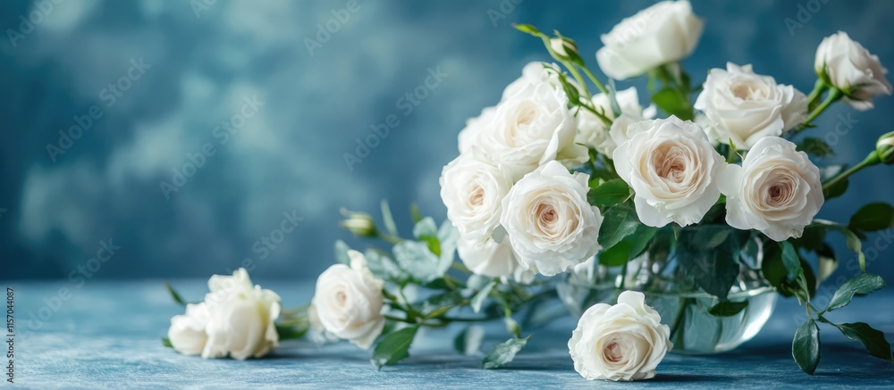 Poster elegant arrangement of white roses and greenery on a table with a soft blue background perfect for f