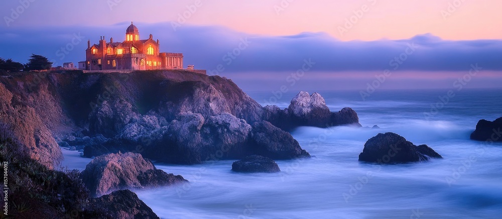 Poster Waves crashing against rocks at dusk create a dreamy cloud-like effect with soft water and illuminated coastal architecture